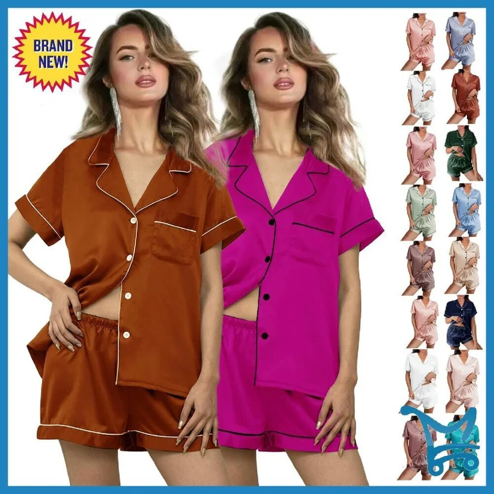Silk Satin Pajama Set 2-Pack Short Sleeve Lounge Sleepwear XS-XXL
